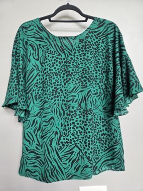 CAbi Teal and Black Animal Print Flutter Sleeve Blouse